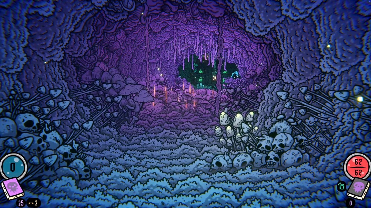 A first-person cave tunnel in Shroom and Gloom, packed with mushrooms, skulls, and spore light